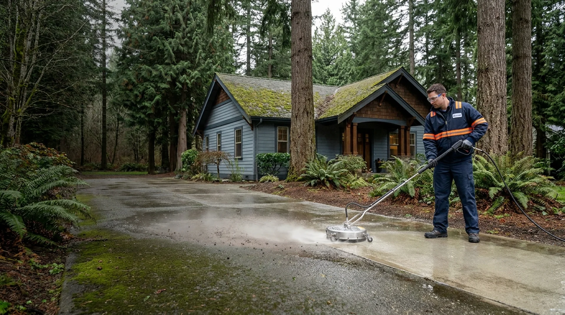 Exterior cleaning technician pressure washing a mossy Portland-area driveway