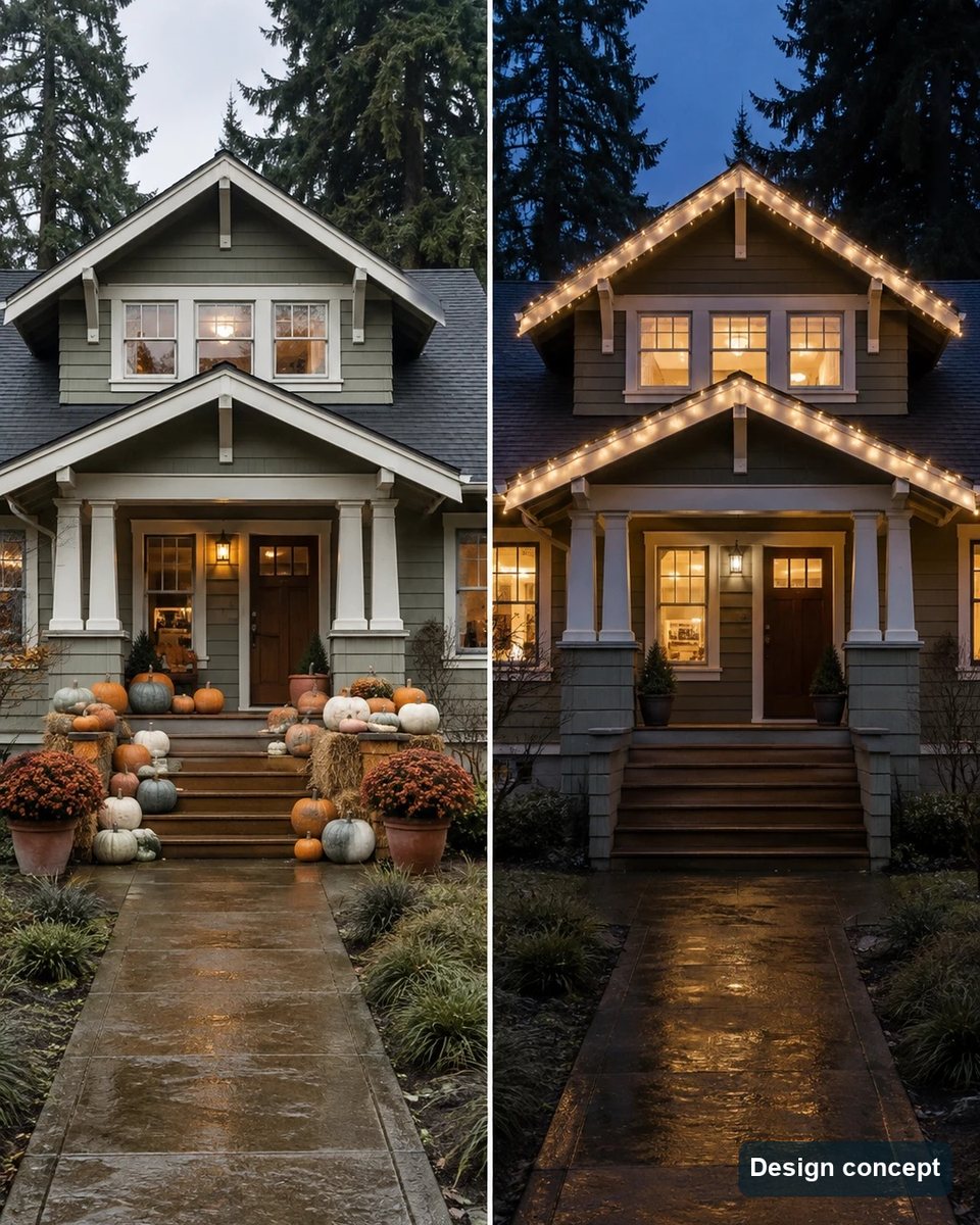 Design concept: the same Portland craftsman home with porch pumpkins in October and roofline lights in December