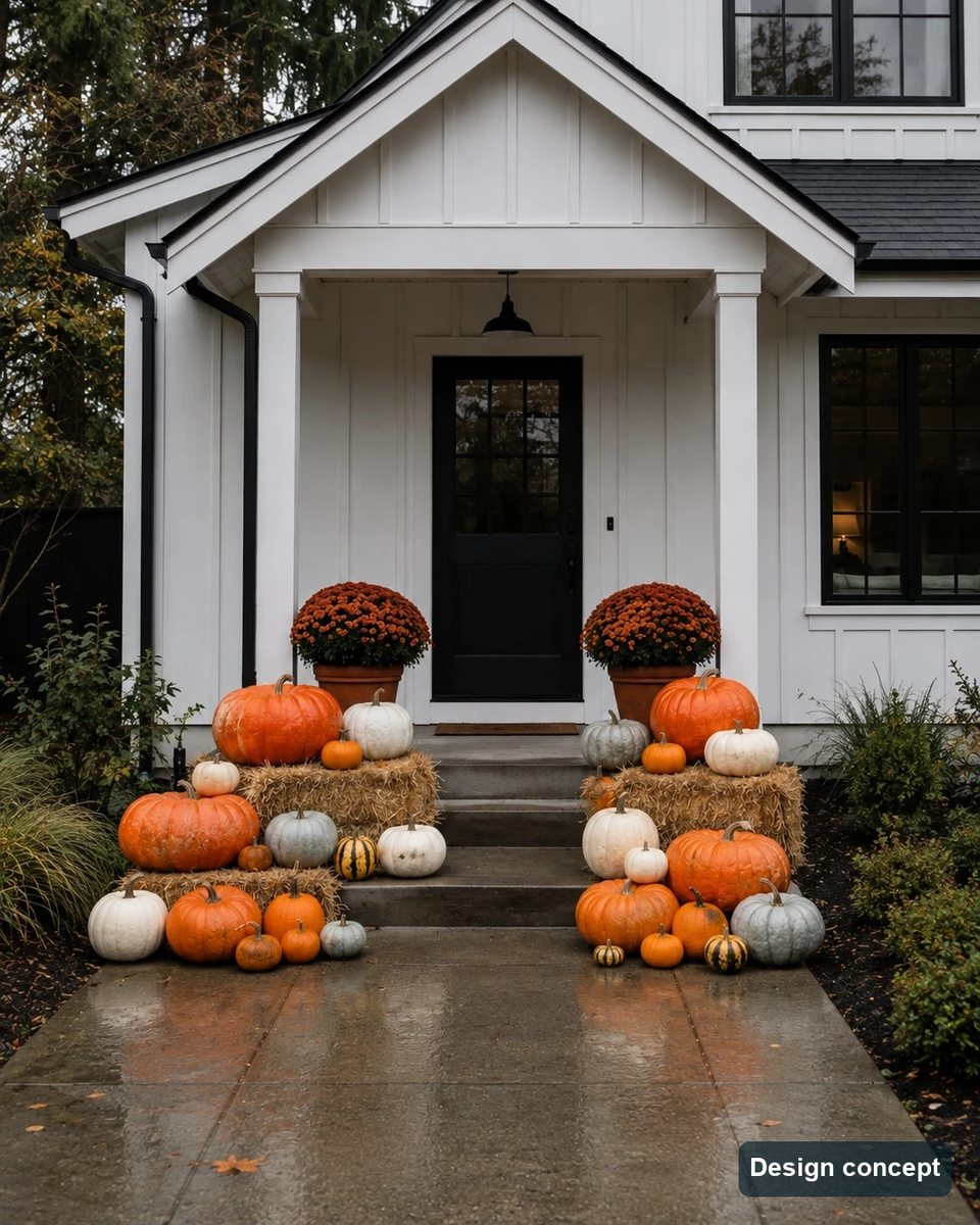 Design concept: the Classic porch pumpkin package on a white modern farmhouse porch