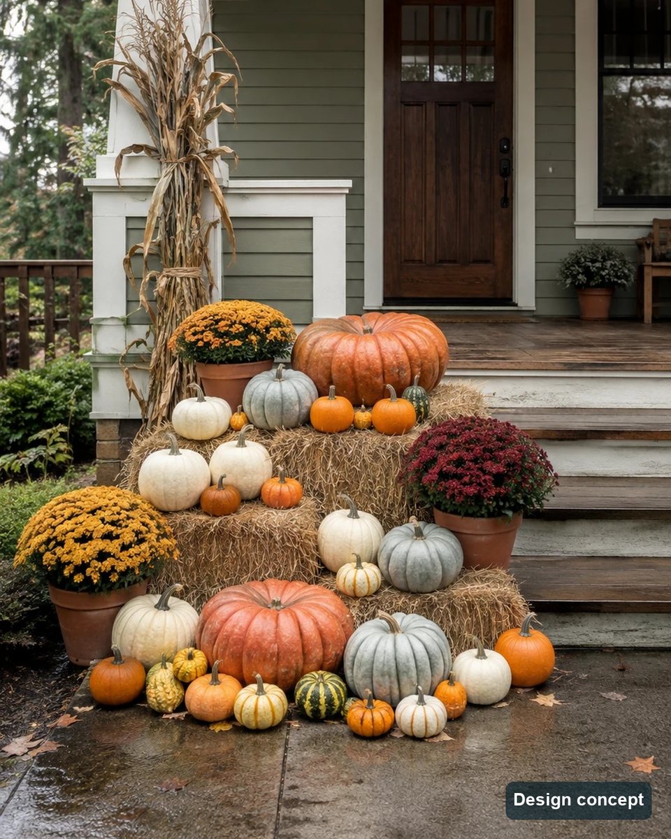 Design concept: about 34 heirloom pumpkins built up on three straw bales with mums and cornstalks on a sage-green craftsman porch