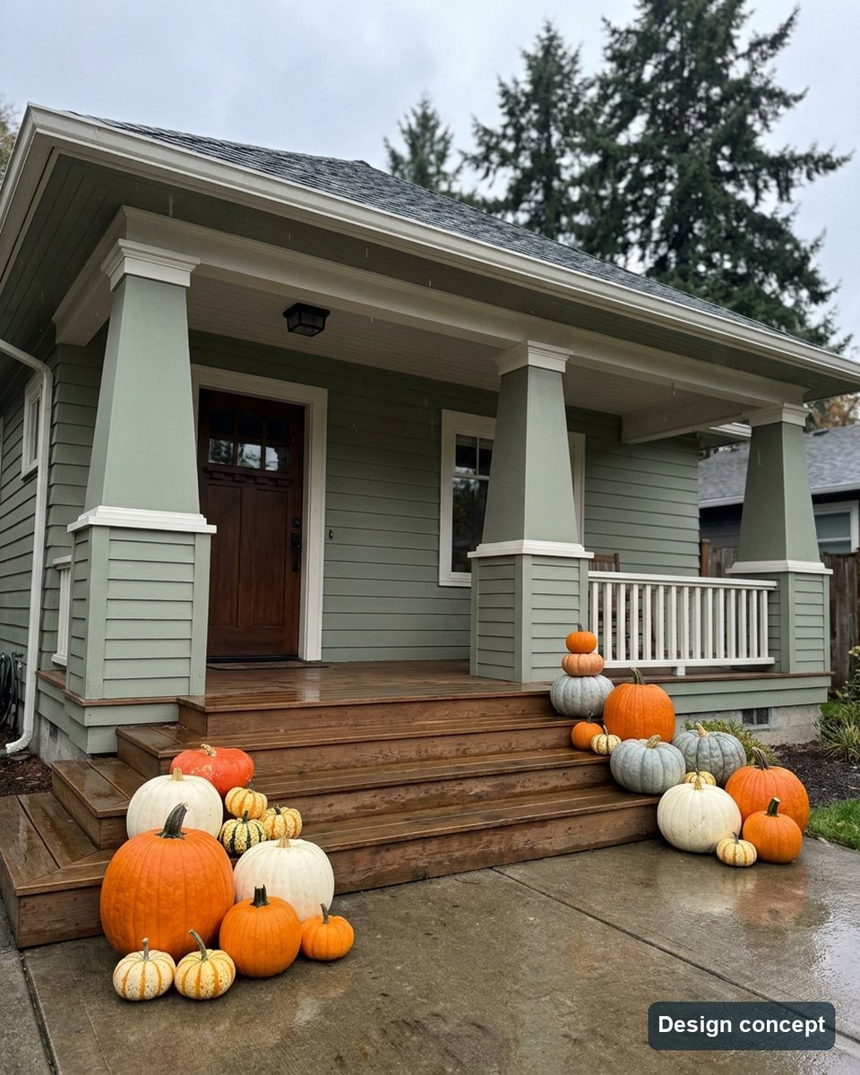 Design concept: about 18 heirloom pumpkins styled on the front steps of a sage-green Portland bungalow