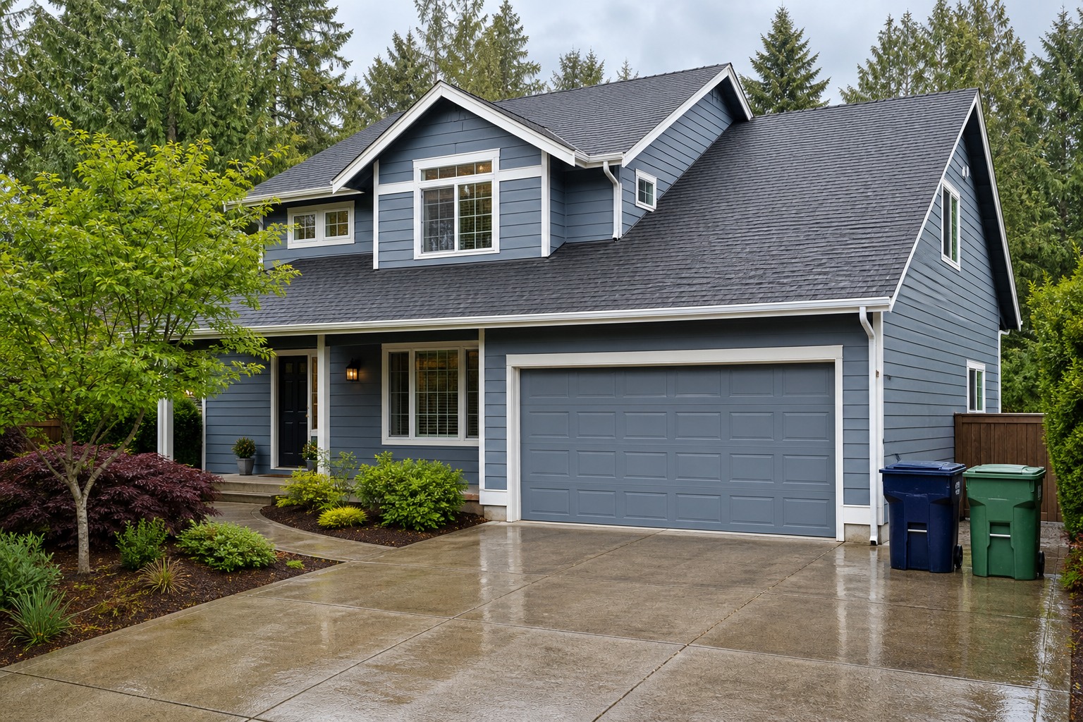 Oregon home with interactive service markers for the roof, siding, windows, driveway, gutters, and two curbside bins
